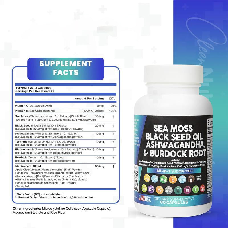 🔥🔥🔥【ALL in 1】 Sea Moss 3000mg Black Seed Oil2000mg Ashwagandha 1000mg Turmeric1000mg Bladderwrack 1000mg Burdock 1000mg& Vitamin C Vitamin D3 with Elderberry ManukaDandelion Yellow Dock lodine Chlorophyll ACV