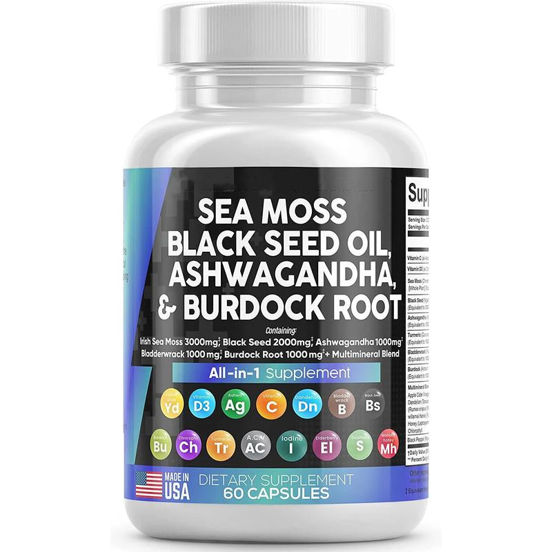 🔥🔥🔥【ALL in 1】 Sea Moss 3000mg Black Seed Oil2000mg Ashwagandha 1000mg Turmeric1000mg Bladderwrack 1000mg Burdock 1000mg& Vitamin C Vitamin D3 with Elderberry ManukaDandelion Yellow Dock lodine Chlorophyll ACV