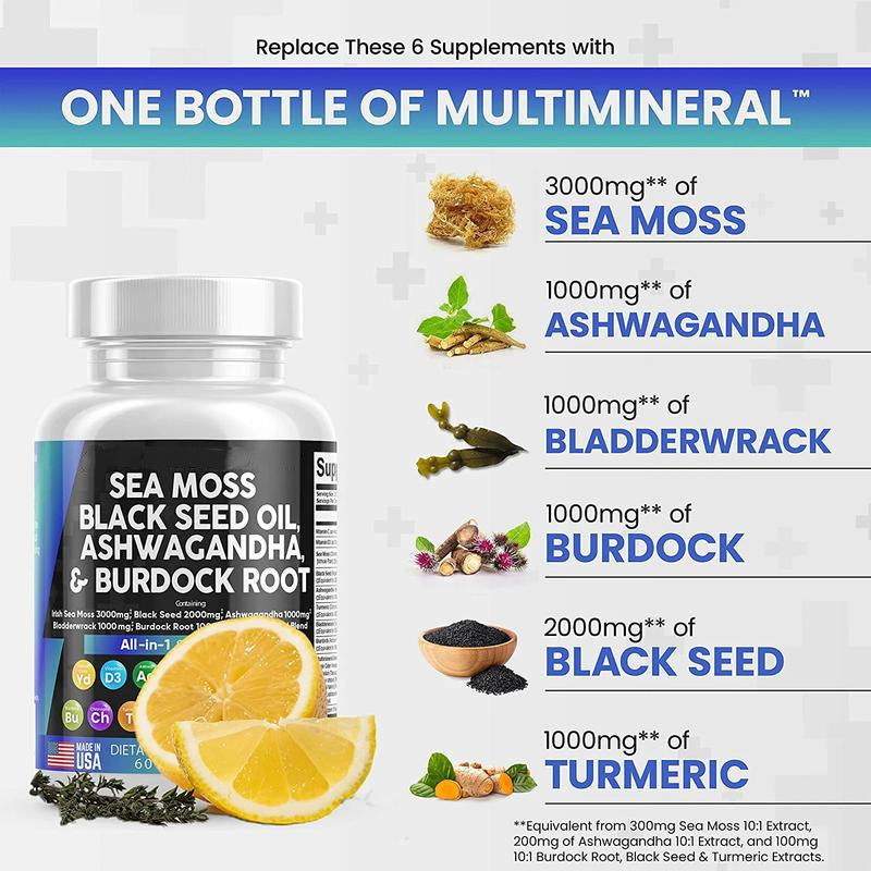 🔥🔥🔥【ALL in 1】 Sea Moss 3000mg Black Seed Oil2000mg Ashwagandha 1000mg Turmeric1000mg Bladderwrack 1000mg Burdock 1000mg& Vitamin C Vitamin D3 with Elderberry ManukaDandelion Yellow Dock lodine Chlorophyll ACV