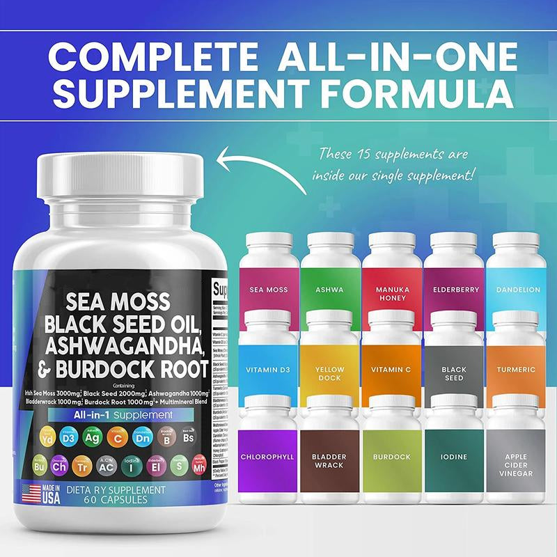 🔥🔥🔥【ALL in 1】 Sea Moss 3000mg Black Seed Oil2000mg Ashwagandha 1000mg Turmeric1000mg Bladderwrack 1000mg Burdock 1000mg& Vitamin C Vitamin D3 with Elderberry ManukaDandelion Yellow Dock lodine Chlorophyll ACV