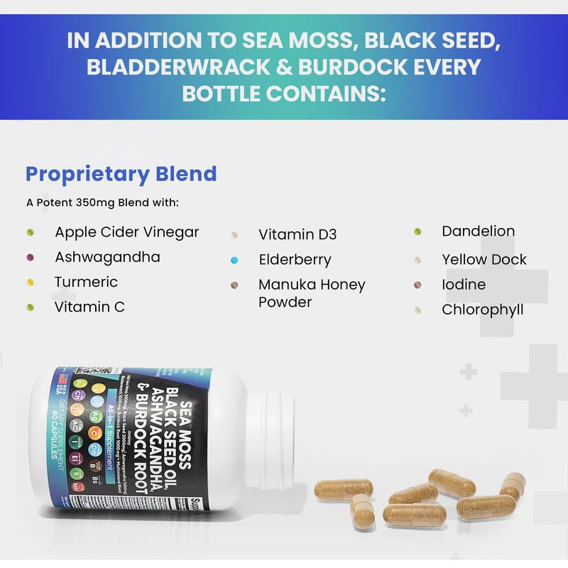 🔥🔥🔥【ALL in 1】 Sea Moss 3000mg Black Seed Oil2000mg Ashwagandha 1000mg Turmeric1000mg Bladderwrack 1000mg Burdock 1000mg& Vitamin C Vitamin D3 with Elderberry ManukaDandelion Yellow Dock lodine Chlorophyll ACV